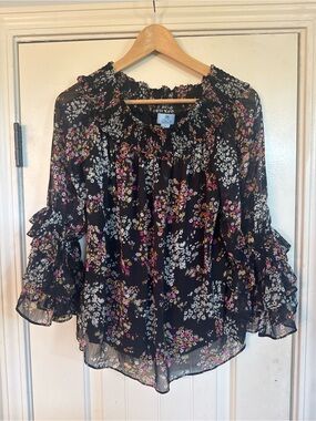 CeCe Black Floral Ruffle Blouse - Women's Top